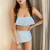 Bikini de Baño Estilo Coreano para Mujer Revelador de Pecho Fruncido Cintura Alta Triángulo Dividido Sexy para Aguas Termales ins Bañador de Rayas Azules