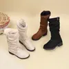 Botas infantis plissadas em camadas estilo coreano, novo modelo outono/inverno 2026, com tiras de fivela de couro, de calçar, afinadoras, bico redondo, botas longas para meninas