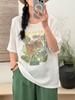 Nueva Colección Primavera y Verano Estilo Vintage Holgado Tallas Grandes Camiseta de Lino Estampada Informal Versátil Pulóver Superior Venta al por Mayor