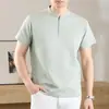 Nova camiseta masculina de verão com zíper parcial de manga curta, cor sólida, gola alta simples, pulôver, camiseta casual moderna, atacado e dropshipping