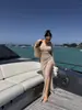 Moda de Verano Nueva para Mujer Estilo Europeo y Americano Transfronterizo Sexy Escote Halter Espalda Descubierta Cuello en V Cintura Alta Abertura Vestido Lencero