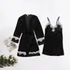 Novo Conjunto Sexy Preto de Duas Peças para Casa Europeu e Americano, Conjunto de Pijama de Renda Moderno