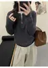 Suéter de lã pura para outono e inverno, corte solto, com zíper parcial, tricotado, feminino, espessado, gola redonda, top versátil para usar por baixo, mangas compridas
