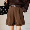 Shorts de Veludo Cotelê Cor de Café Maillard para Mulheres, Shorts de Cintura Alta Linha A Comprimento do Joelho para Outono e Inverno, Adequado para Usar com Botas