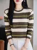 Elemento listrado de lã fina fresco versátil gola redonda simples generoso suéter de manga comprida outono e primavera top base feminino
