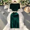 Estilo Coreano Elegante Socialité Estilo Hong Kong Estilo Europeo y Americano Cuello Polo Hebilla Metálica Vestido de Seda Helada Longitud Media Por Encima de la Rodilla