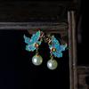 Pendientes de Mariposa de Perla Azul Quemada Imitación Dotchui Nuevo Antiguo Chino Sin Patrimonio Filigrana Esmaltada Accesorios Antiguos