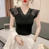 Camisola de Encaje para Mujer Verano 2025 Nuevo Estilo Coreano Sexy Cuello V Camiseta Básica Ajustada