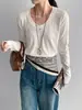 Capa base estilo coreano para principios de primavera~Camiseta de manga larga con cuello en U para mujer, top corto versátil y adelgazante para usar en capas N8229