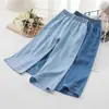 Calças Antimosquito Femininas Verão Finas Jeans Seda Gelada Meninas Pequenas e Médias Casuais Imitação de Jeans Boca de Sino Calças de Roupa Externa