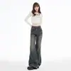 Pantalones anchos de estilo retro americano lavados y desgastados, jeans unisex de corte limpio, pantalones largos acampanados de patchwork estructurado para hombre