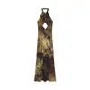 Moda feminina europeia e americana transfronteiriça AliExpress item mais vendido tendência vestido midi estampado com gola halter