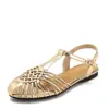 Sandalias planas de moda con punta redonda para mujer, verano, tejido hueco con brillo metálico, transpirables, versátiles, sandalias romanas de punta cerrada 655-3