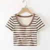 Dropshipping Nuevo Top Corto Rayado de Primavera y Verano con Copas de Sujetador Integradas, Moda de Abrigo de Manga Corta