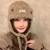 Gorro de Punto con Cordones Estilo Coreano Otoño e Invierno, Gorro de Punta Versátil Retro para Mujer, Gorro Cálido con Protección para los Oídos, Gorro Pequeño Volador que Muestra la Cara