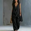 2026 Europeu e Americano Transfronteiriço Amazon Primavera/Verão Feminino Sem Mangas Gola Alta Cor Sólida Elegante Solto Algodão Linho Estilo Férias Conjunto