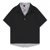Camiseta Falsa de Duas Peças de Manga Curta Camisa Polo Masculina Verão Moda de Rua Marca de Design Patchwork Listrado Camisa de Lapela Dupla