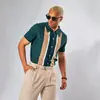 Nueva ropa exterior para hombre de comercio exterior europeo y americano: camisa con cuello, de bloques de color, cárdigan de un solo botón, camisa de punto de manga corta