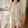 Pijama de Algodón Nube para Mujer Verano 2026 con Estampado Floral de Lunares, Almohadillas en el Pecho, Mangas Cortas y Shorts, Ropa de Casa Dulce Coreana