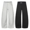 Pantalones largos casuales de pierna ancha en color gris de moda con doble bolsillo de parche en la cintura trasera, diseño plisado, corte holgado, caída fluida, pants unisex largos hasta el suelo
