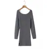 Elegante vestido de punto sin hombros, entallado a la cintura, de manga larga, nuevo vestido ajustado de otoño con abertura, minivestido suéter sexy