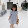 GL-kids Estilo Coreano Verano Nueva Llegada Vestido de Encaje a Rayas con Solapa Grande Vestido de Princesa Manga Corta de Algodón Lino para Bebé Niña