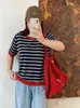 Suéter tejido a rayas vintage para mujer talla grande, colección otoño 2026, camiseta base de cuello redondo de punto holgado con bloques de color para mujer talla grande