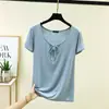 Nova camiseta de verão com renda e cadarço, manga curta, para mulheres, fina, estilosa, versátil, modeladora, plus size