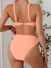 Nuevo bikini de color liso acanalado con cuello en U y tirantes, estilo europeo y americano, con diseño push-up, cintura alta y efecto reductor, un traje de baño de dos piezas para mujer