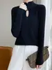 Suéter chino vintage para mujer, cuello alto, color liso, botones, hueco, corte ajustado, adelgazante, lana peinada, tejido fino, manga larga