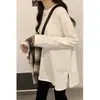 Camiseta básica blanca de otoño e invierno, engrosada, que cubre la parte trasera, con abertura en el bajo, de manga larga, para usar en capas con sudadera, top térmico de corte holgado