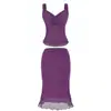 Atractivo conjunto de malla puramente sexy con escote en V cruzado, camisola corta ajustada, falda de sirena ajustada de cintura alta