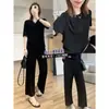 Traje de acetato de papel de alta qualidade pessoa verão amor verdadeiro emagrecedor sensação fresca calça de 9 pontos camiseta de renda de manga curta C0711Z