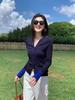 Cárdigan de punto de manga larga con cuello en V y hombros estilo coreano azul Xizang para mujer, primavera y otoño, corte ajustado, corto, camiseta base interior