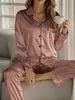 Pijama de Satín de Verano Transfronterizo Europeo y Americano, Cárdigan de Color Sólido con Solapa, Mangas Largas, Pantalones Largos, Superficie Lisa, Conjunto de Ropa de Casa para Mujer