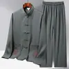 Novo Traje Tang de Seda Gelada Estilo Chinês para Primavera e Verão para Homens, Meia-Idade e Idosos, Roupa Retrô de Manga Longa para Pai, Conjunto Hanfu Vovô Estilo Chinês
