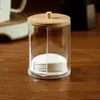 Caja de almacenamiento transparente para discos de algodón con tapa de bambú, caja de tocador de escritorio para maquillaje, caja de hisopos de algodón a prueba de polvo para el hogar, organizador de artículos de belleza diversos