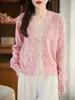 Estilo Pequeno Chanel Outono Inicial Novo Tricô de Lã com Retalhos de Renda Feminino Cardigan de Lã Gola V Top Tricô de Manga Longa