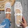 Zapatos planos de malla con estampado floral transfronterizo y punta redonda, estilo europeo y americano, diseño delicado, modelo nuevo con tiras bordadas, zapatos de verano de corte bajo para mujer