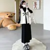 Moda Outono/Inverno 2026 Estilo Coreano Elegante Conjunto de Colete Gestante com Laço Redutor de Idade + Saia Base Gestante Macia e Espessa