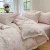 Conjunto de quatro peças em gaze de algodão puro de camada dupla estilo francês, grau A, 60 contagens, conjunto de cama de três peças em gaze de algodão fresca e macia