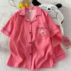 Pijama Desenho Estilo Japonês Feminino Verão Nuvem Fina Xadrez Algodão Manga Curta Conjunto Roupas de Casa Fofas de Estudante para Usar Fora