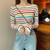 Camiseta de Punto con Rayas Arcoíris para Mujer, Ropa de Primavera y Otoño, Elástica, Ajustada, Adelgazante, Suéter, Camiseta, Cuello Redondo, Manga Larga Colorida