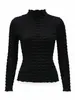 Miyake Estilo Intelectual Suave Top Base Plisado de Burbuja 3D para Mujer Otoño Cuello Semi Alto Manga Larga Elástico Temperamento Camisa Pequeña