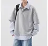 Marca de Ropa Urbana Americana de Moda Camisa Polo Falsa de Dos Piezas para Hombre Otoño/Invierno High Street Travieso Guapo Holgado Casual Sudadera con Parches para Hombre