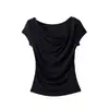Estilo novo de verão ombro a ombro lyocell lã estilo desejo puro elegante afunilado cintura franzida manga curta blusa para mulheres