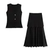 Traje de Chaleco de Punto con Botones Dorados y Cuello en V + Falda Plisada Nuevo de Verano 2025 Transfronterizo Europeo y Americano para Mujer