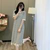 Estilo preguiçoso listrado vestido de manga curta Verão Casual Borla em torno do pescoço solto Emagrecimento Camiseta de malha Vestido de comprimento médio
