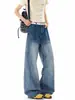 Jeans de Mezclilla Lavada con Estampado de Estrellas Retro Americano para Hombres y Mujeres Marca de Moda Sueltos Versátiles Rectos Pierna Ancha Pantalones Largos hasta el Suelo