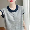 Camiseta de Verano Nueva Estilo Bloques de Color, Solapa Pequeña, Manga Corta, Mangas de Murciélago Raglán, Cuello Polo, Tejido Jacquard, Top Versátil para Mujer
